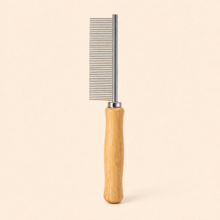Dog Grooming Comb with Dense Metal Teeth & Wooden Handle — All Breeds