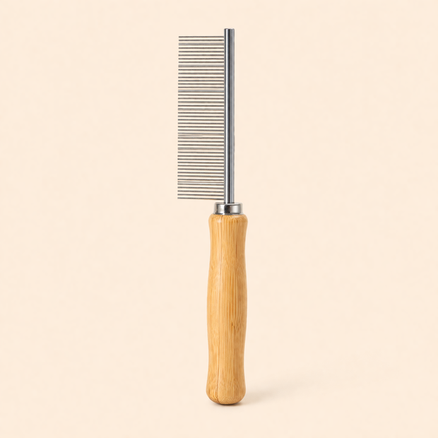 Dog Grooming Comb with Dense Metal Teeth & Wooden Handle — All Breeds