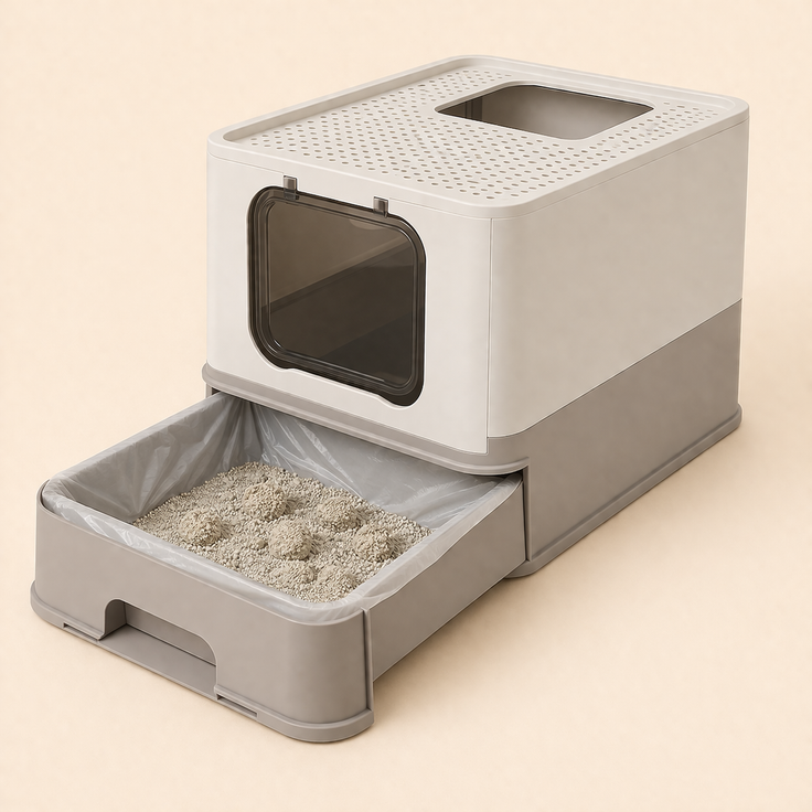 Enclosed Cat Litter Box with Pull-Out Tray, Scoop & Brush